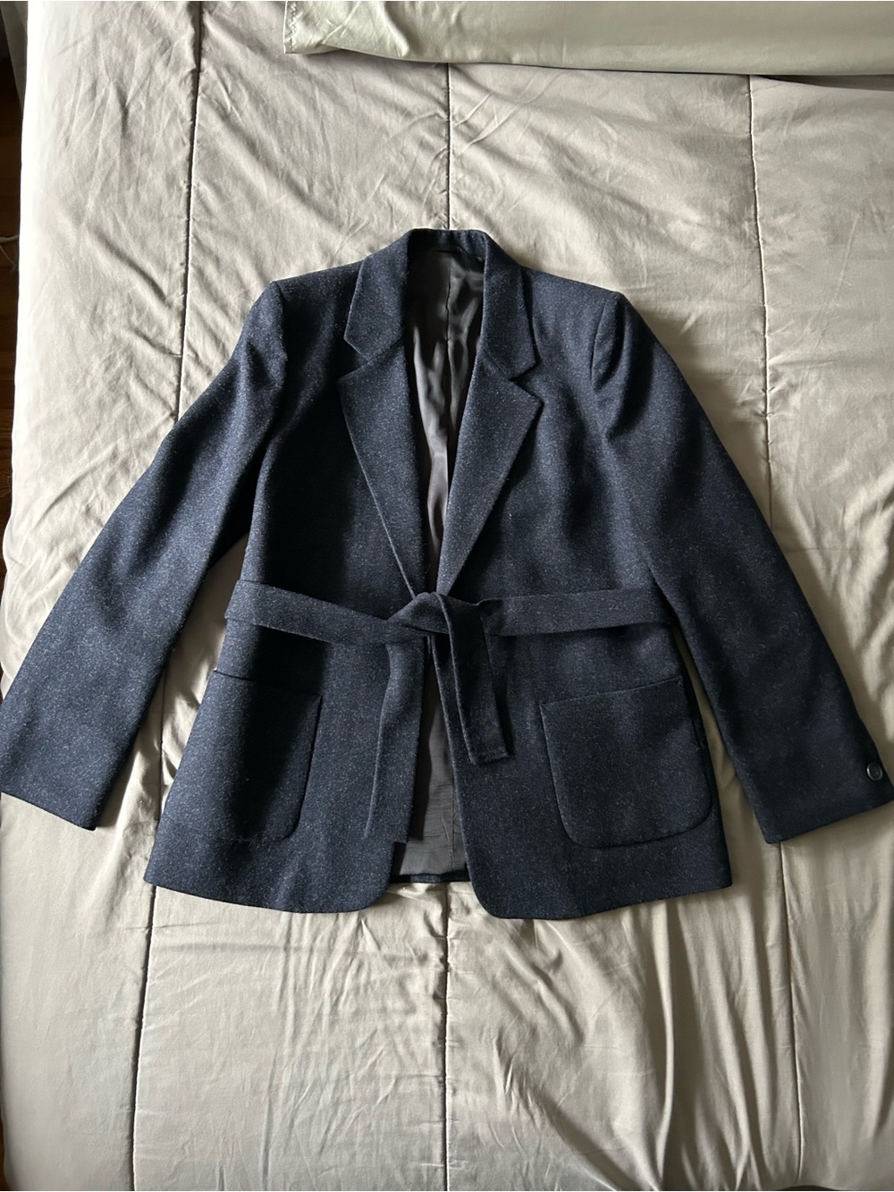 Dark Navy Belted Wool Blend Blazer Jacket